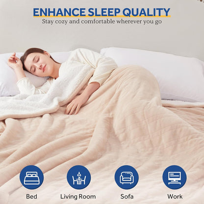 Sealy Heated Blanket Throw with Built-in Button Controller, Reversible Flannel to Sherpa Electric Blanket with 2-10 Hours Auto-Off & 4 Heating Levels, Over-Heat Protection, 50x60 inch, Beige