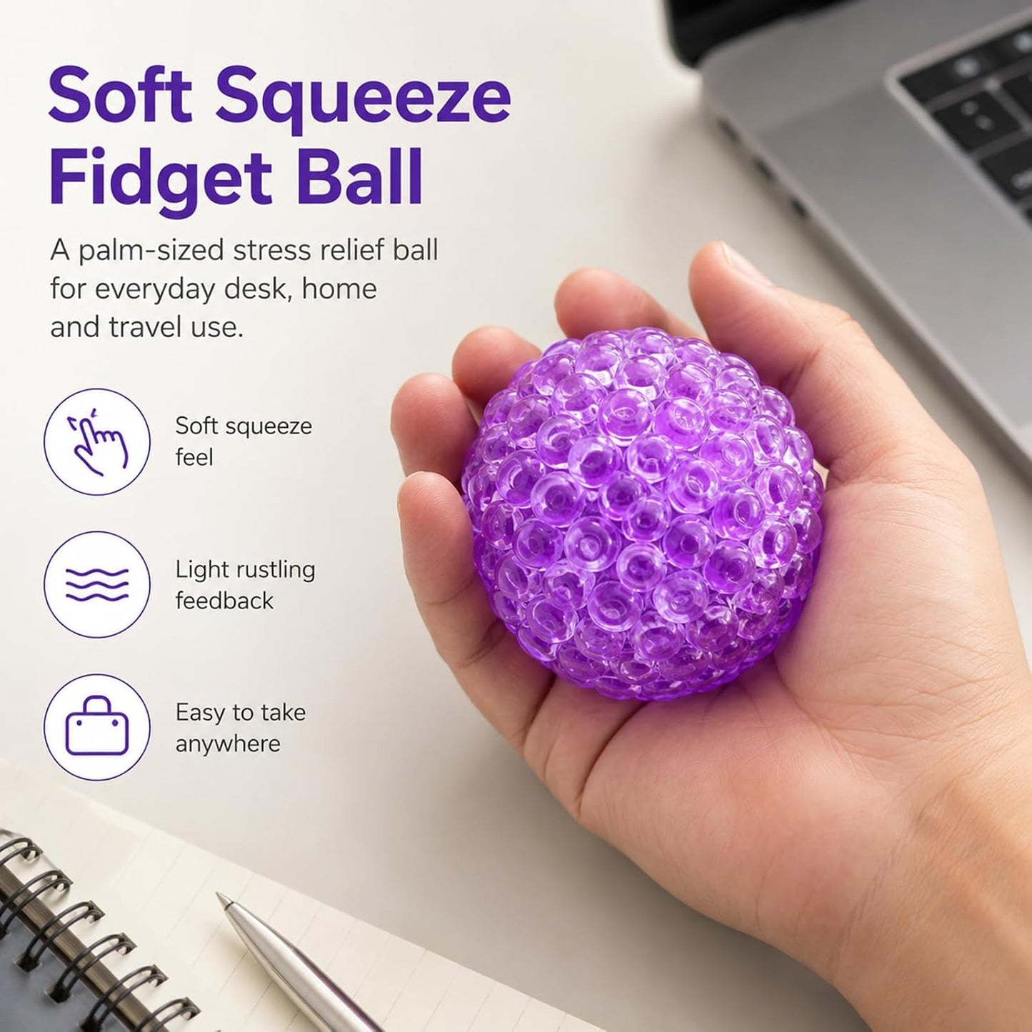 Handmade Stress Relief Balls for Adults, Soft Squeeze Fidget Toy with Rustling Sound, Portable Sensory Desk Toy for Office and Home (1 Blue)