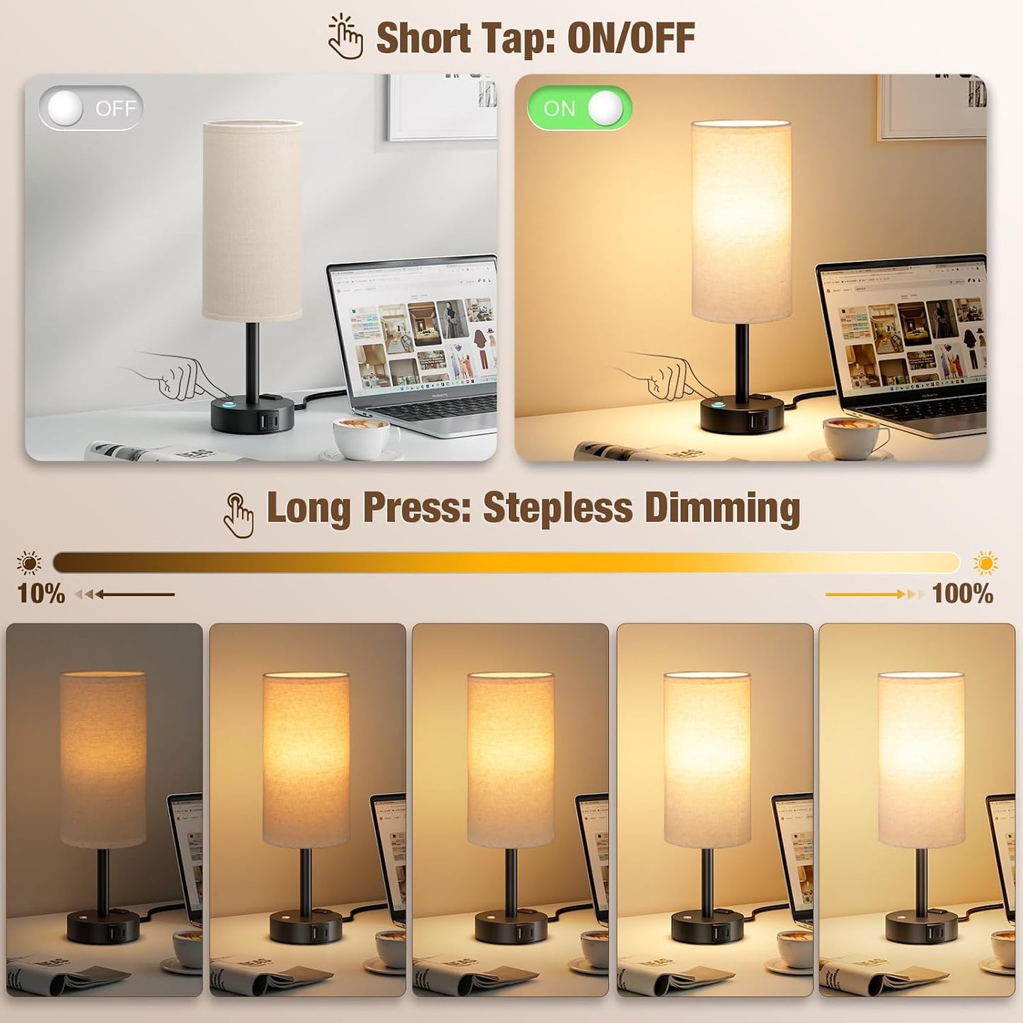 Touch Bedside Table Lamp with Memory - Stepless Dimmable Lamp for Bedroom, Small Nightstand Lamp with Dual USB Charging Ports and AC Outlet, Wood Night Light, Desk Lamp for Nursery, Living Room, Dorm
