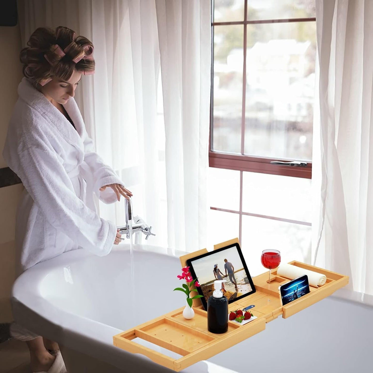 Premium Bamboo Bathtub Tray Caddy - Bath Tub Tray Table for Bathtub - Bath Caddy Tray for Bathtub, Expandable Size, Fits Most Bath Tubs