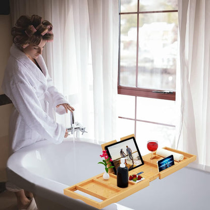 Premium Bamboo Bathtub Tray Caddy - Bath Tub Tray Table for Bathtub - Bath Caddy Tray for Bathtub, Expandable Size, Fits Most Bath Tubs