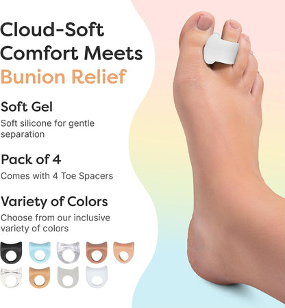 ZenToes Gel Toe Separators for Overlapping Toes, Bunions, Big Toe Alignment, Corrector and Spacer - 4 Pack (White)