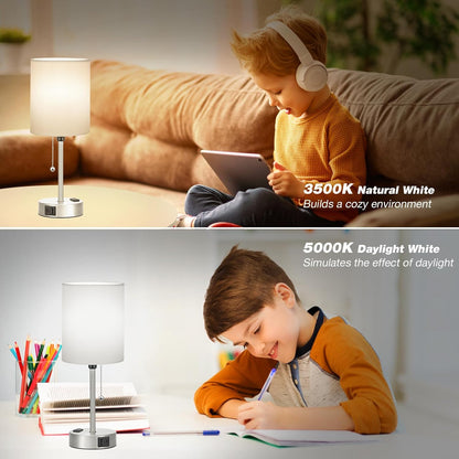 Small Bedside Table lamp for Bedroom - 3 Color Temperatures Bedside Lamps with USB C and A Ports, Pull Chain Table Lamps with AC Outlet, White Nightstand Lamps with Black Metal Base for Kids Reading