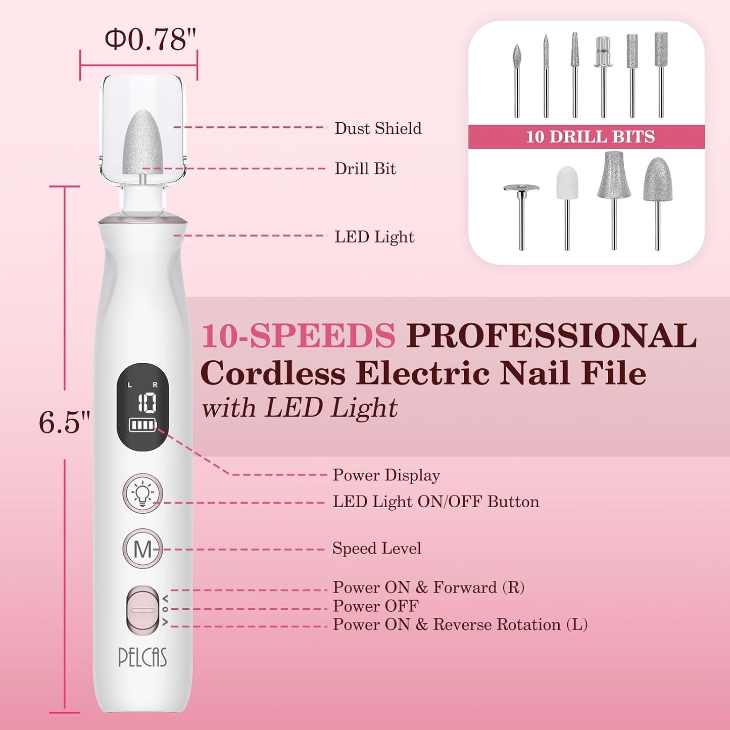 PELCAS Electric Nail Grinder, 10 Speeds Cordless Nail Drill with LED Light, Portable Manicure and Pedicure Kit, Nail File with LCD Screen for Human, Pet, Thick Toenails, Natural & Acrylic Nails Grey