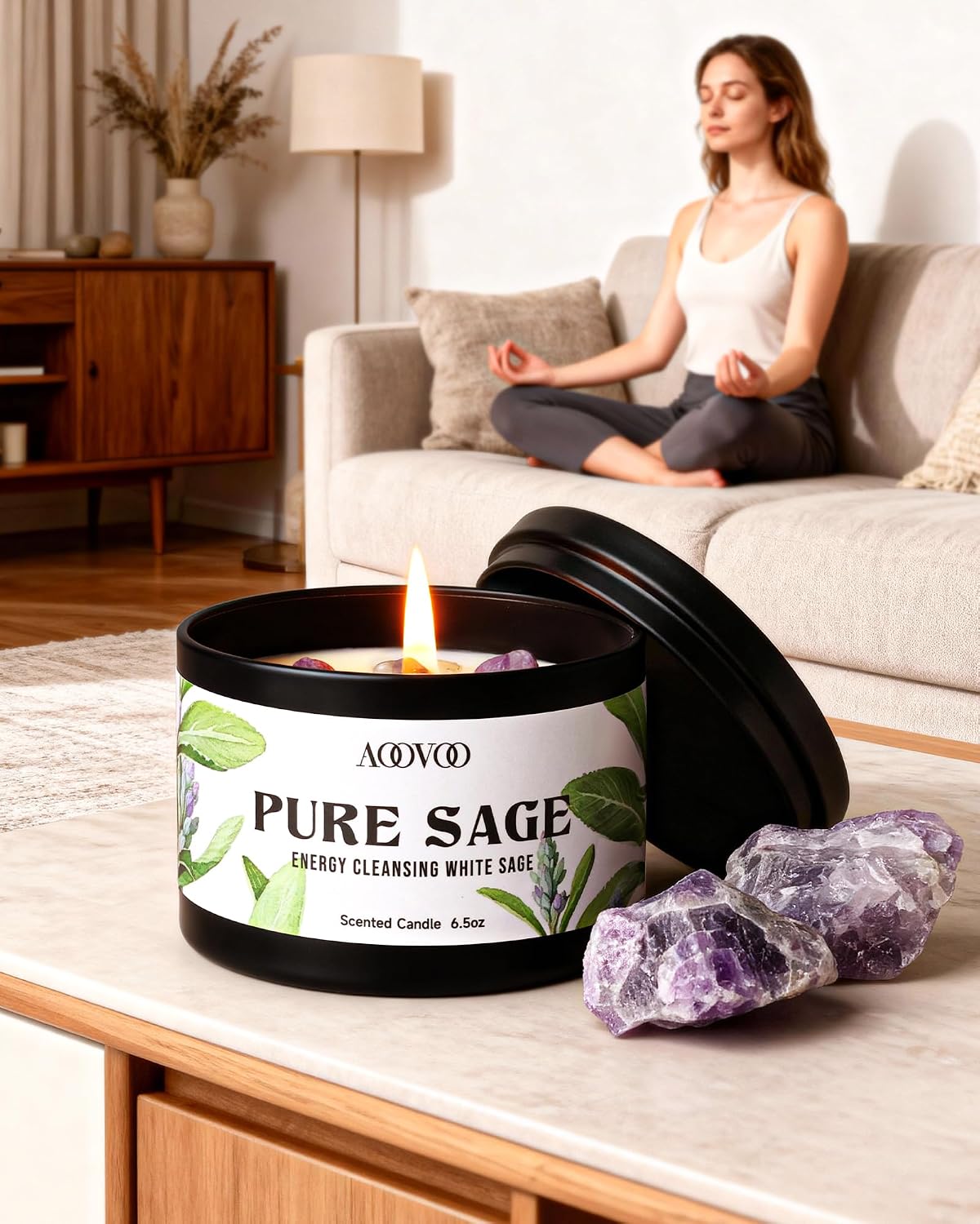 AOOVOO Sage Candle for Cleansing - 3 Wick 12oz Large Scented Candle with Crystals & Sage Leaves Inside, Soy Candles Non Toxic for Meditation Spiritual Gift, Aromatherapy Candle for Women Men