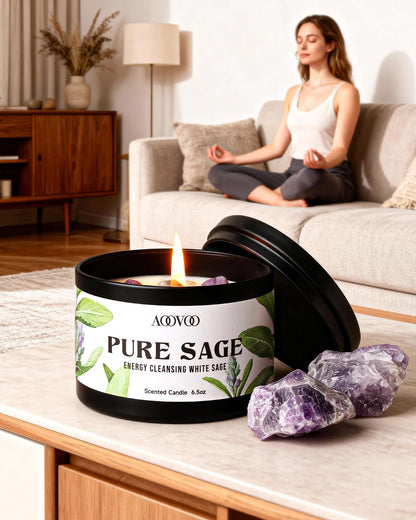 AOOVOO Sage Candle for Cleansing - 3 Wick 12oz Large Scented Candle with Crystals & Sage Leaves Inside, Soy Candles Non Toxic for Meditation Spiritual Gift, Aromatherapy Candle for Women Men