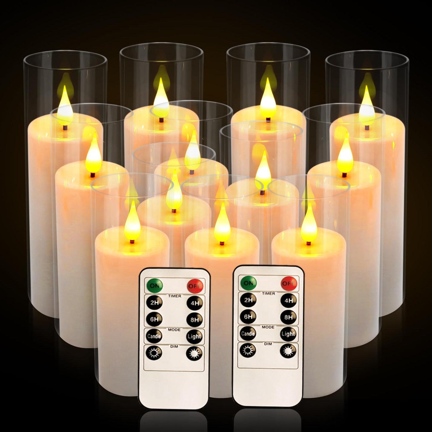 24 Pcs LED Flameless Candles with Remote, 3D Flickering Flame & LED String Lights, Acrylic Clear Cylinder, Timer Function, Romantic Ambience for Home Decor, Party, Wedding (Ivory).
