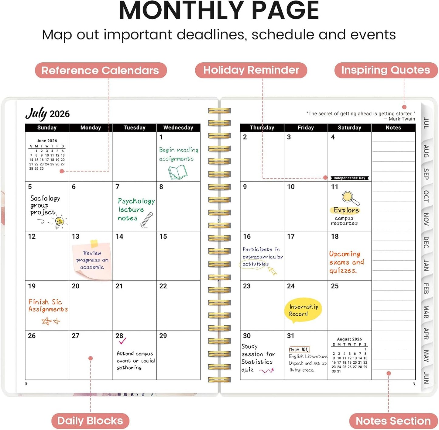 Planner 2026-2027, Academic Monthly and Weekly Calendar Planner for Women, July 2026 - June 2027, Hardcover Pretty Agenda Planner Book with Tabs, Spiral Daily Organizer for School Office Home Supplies, 6.3" x 8.5" - Blue Floral