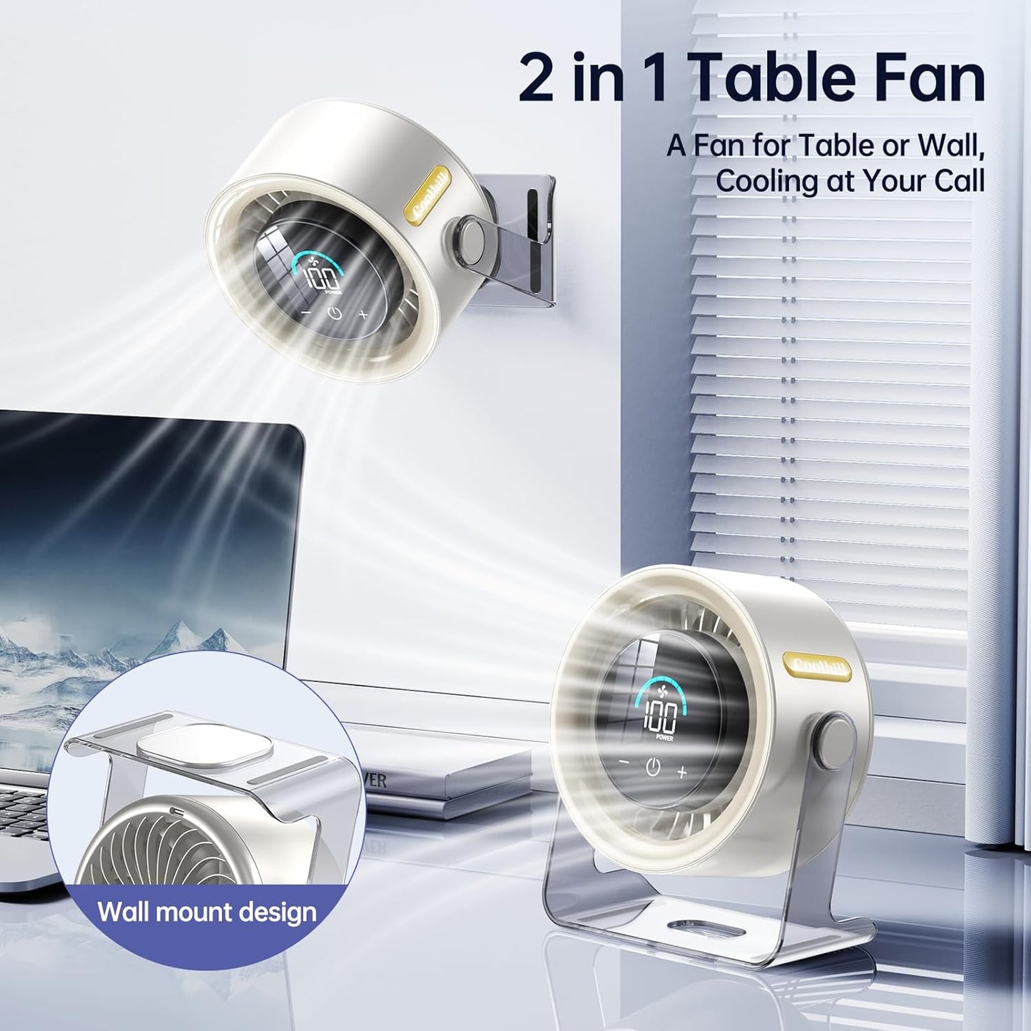 USB Desk Fan for Bedroom: 100 Speeds Digital Display Quiet Portable Fan with Turbo Airflow, 120° Rotating Small Rechargeable Battery Desktop & Wall-Mounted Fans for Bedroom Home Office
