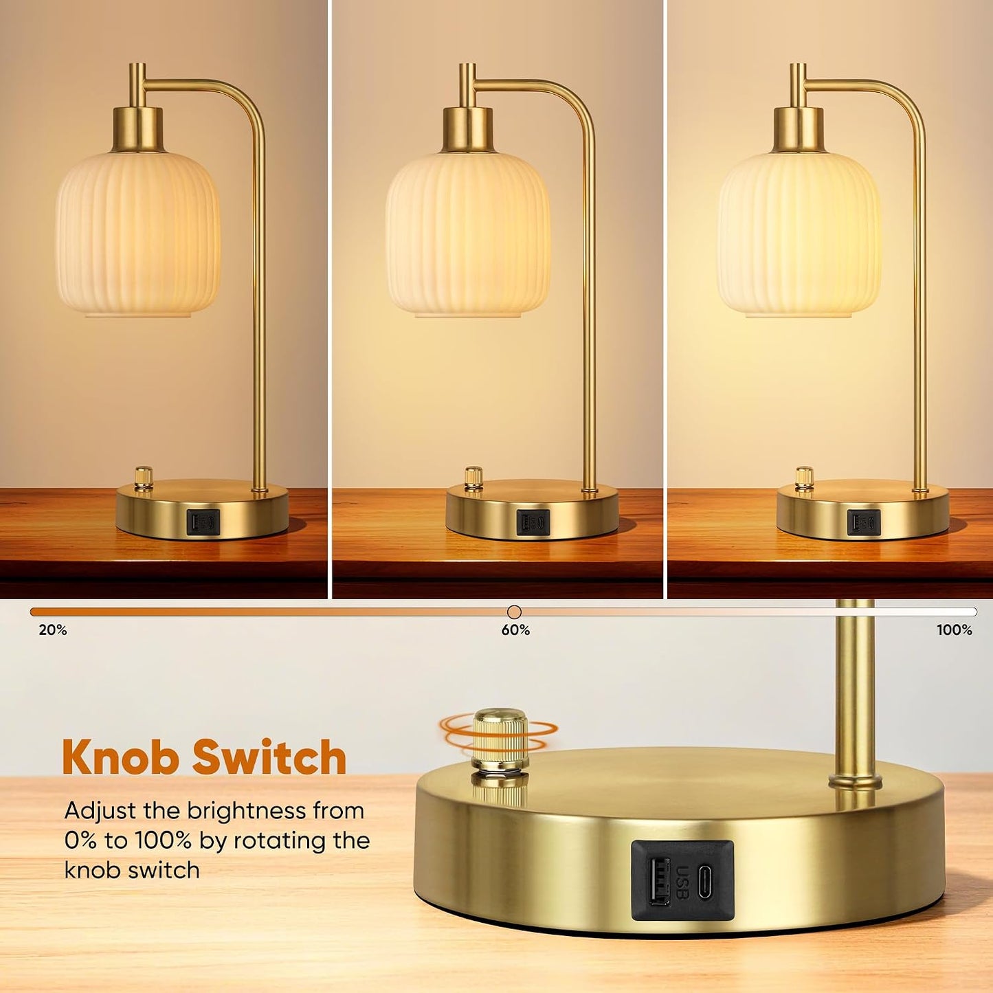 QiMH Industrial Table Lamp for Bedroom Set of 2, Green Glass Beside Lamp with USB A&C Ports, Stepless Dimmable Gold Lamps, Nightstand Lamps for Living Room, Office, Home Decor(Bulb Included)