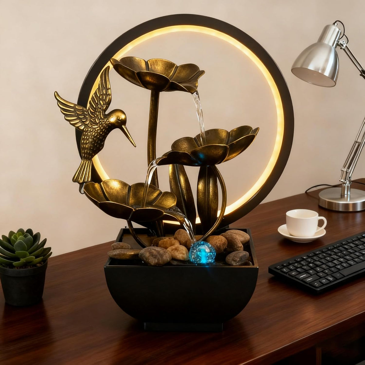 AOZITA Tabletop Fountain, Indoor Waterfall Fountain, Small Home Décor Zen Relaxation Soothing Sound Machine for Office, Living Room, or Bedroom,Blue Metal Lotus with Bud, River Rocks,Round LED