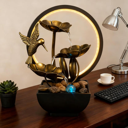 AOZITA Tabletop Fountain, Indoor Waterfall Fountain, Small Home Décor Zen Relaxation Soothing Sound Machine for Office, Living Room, or Bedroom,Blue Metal Lotus with Bud, River Rocks,Round LED