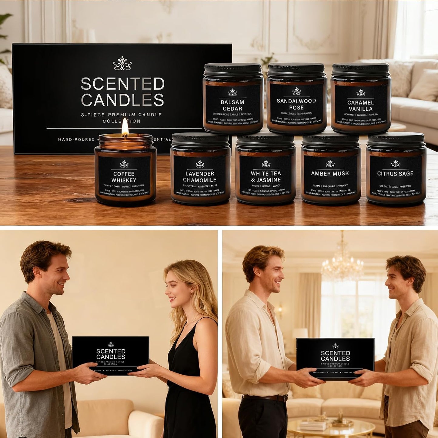Scented Candles for Home,8 Pack Soy Wax Candle Set,Scented Candles Gift Set,Aromatherapy Candles, Amber Jar Vintage Apothecary Style, 8 Scents Gift Set