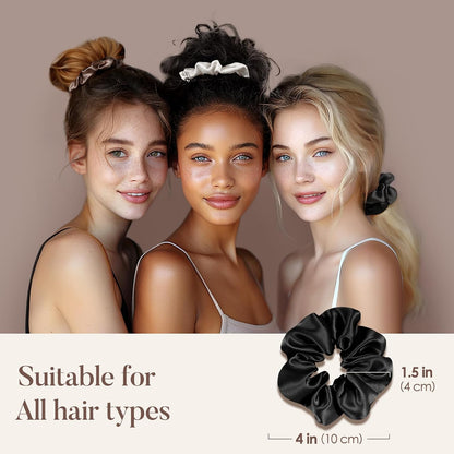 LULUSILK Silk Scrunchies for Hair Sleep, 100% Real Mulberry Silk, No Damage Hair Ties for Women and Girls, Classic Black, Pack of 3