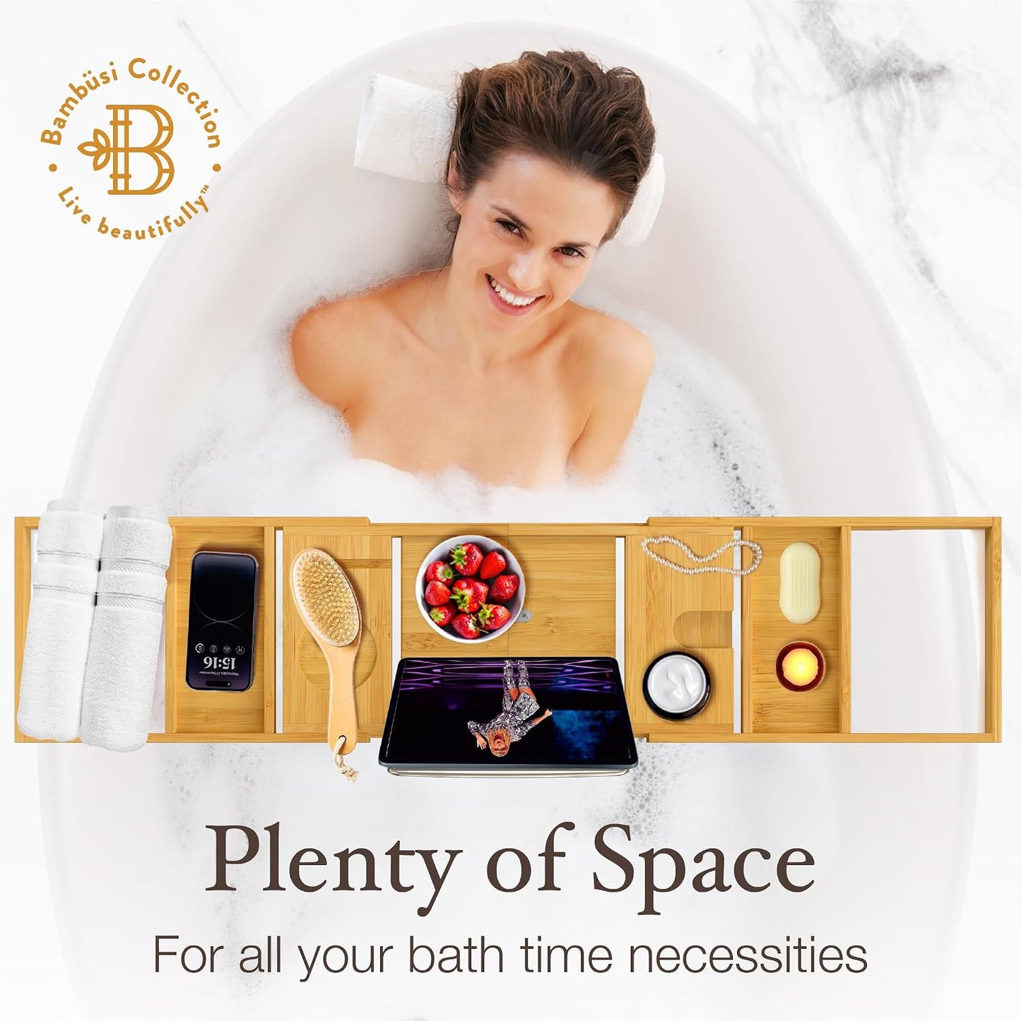 Bambüsi Bathtub Tray for Tub - Brown Bamboo Bath Tray, Expandable Wooden Bath Caddy Tray with Wine Holder, Book and Tablet Stand, Bathroom Accessories, Tub Table, Spa Bath Gifts for Women and Couples