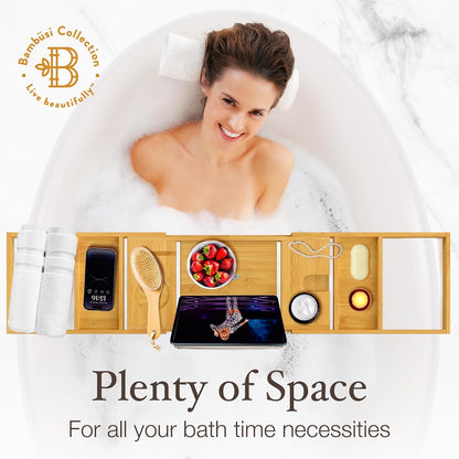 Bambüsi Bathtub Tray for Tub - Brown Bamboo Bath Tray, Expandable Wooden Bath Caddy Tray with Wine Holder, Book and Tablet Stand, Bathroom Accessories, Tub Table, Spa Bath Gifts for Women and Couples