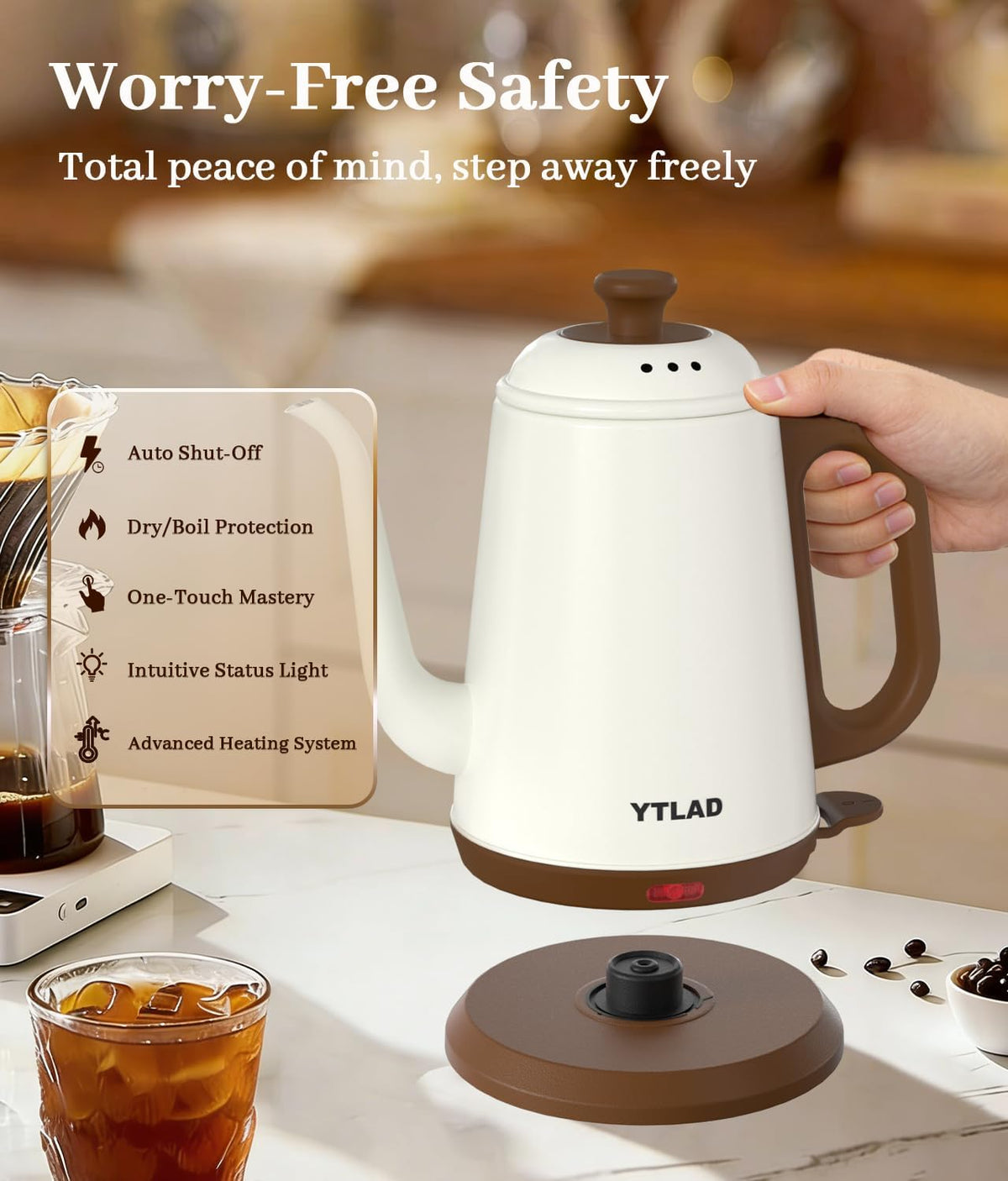 Gooseneck Electric Kettle 1L, 1000W, Pour-Over Coffee & Tea