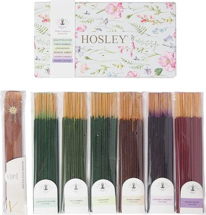 Hosley 320 Assorted Incense Sticks with Holder Eucalyptus, Fresh Bamboo, Lavender, Myrrh, Lavender Chamomile, Vanilla, Citrus, Dragon Blood Idea for Home, Wedding, Spa, Meditation & Aromatherapy
