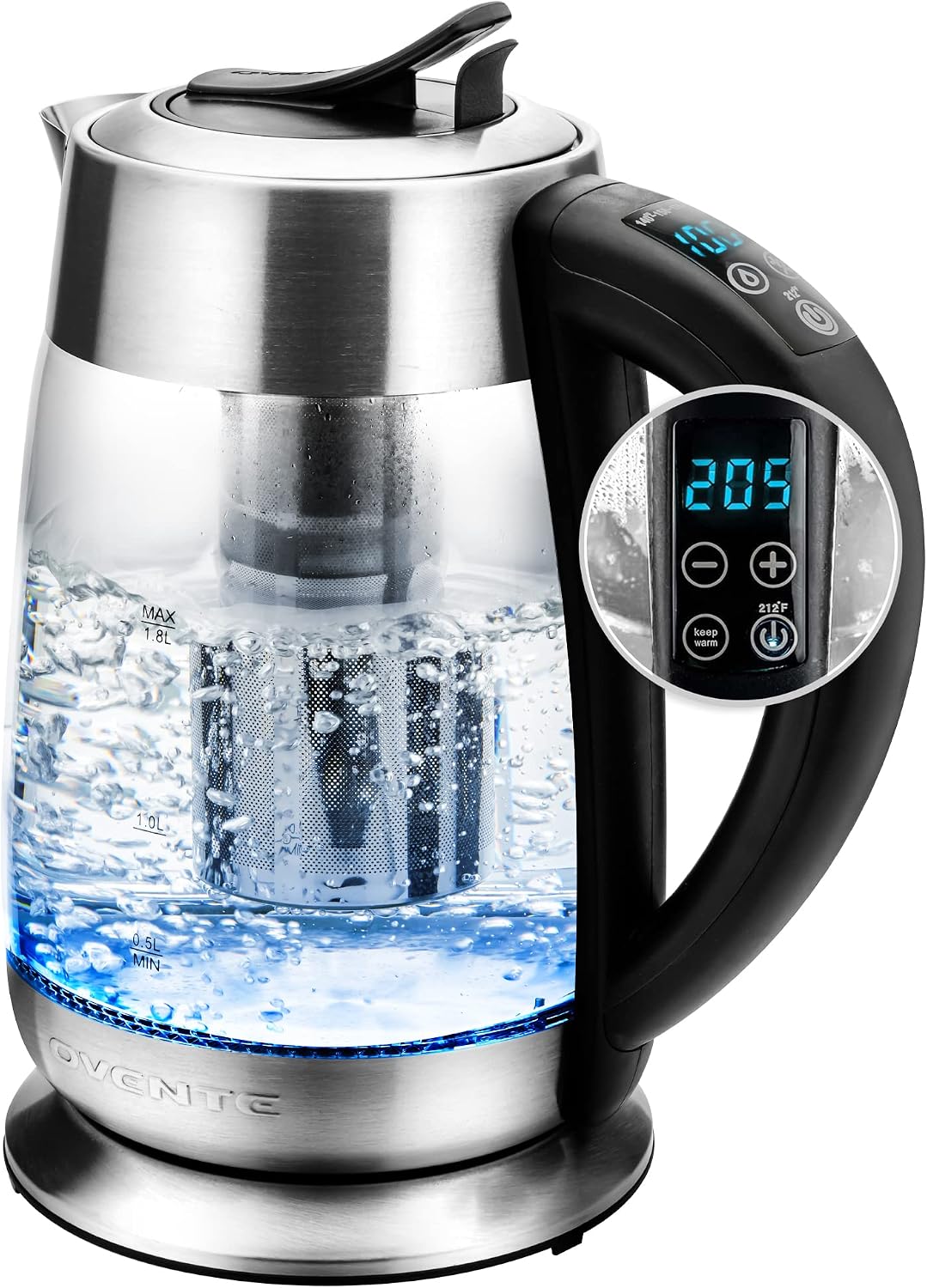 OVENTE 1.8L Glass Electric Kettle with Tea Infuser, Silver KGD752S