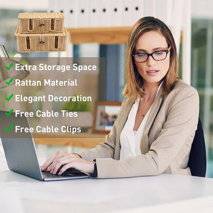2 Pack Rattan Cable Management Box, Large Cord Organizer Box with Lid Under Desk Router Hider Storage Box with 4 Exits, Wire Box Hider for TV Wires Computer Surge Protector USB Hub Power Strip