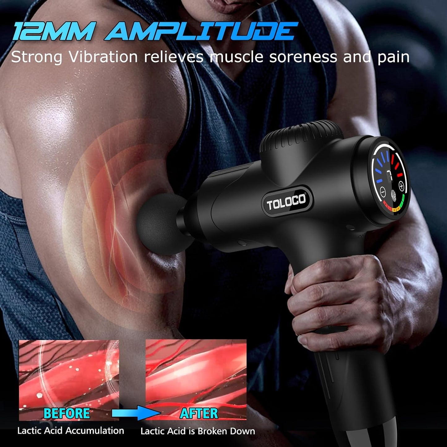 TOLOCO Massage Gun, Back Massager 10 Replacement Head for Pain Relief Deep Tissue, Percussion Massage Guns 7 Speed Level Super Quiet Electric Massager Fathers Day Dad Gifts, Carbon