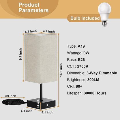 Table Lamp for Bedroom, 3 Way Dimmable Touch Bedside Lamp, Small Lamp with 2 USB C+A Charging Ports, Black Nightstand Lamps for End Table, Living Room, Desk, Bulb Included