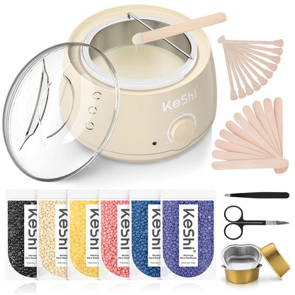 KeShi Waxing Kit, Painless Hair Removal Wax Warmer with 6 Bags Hard Wax Beans for Full Body, Legs, Face, Eyebrows & Bikini— Ideal for Both Women & Men
