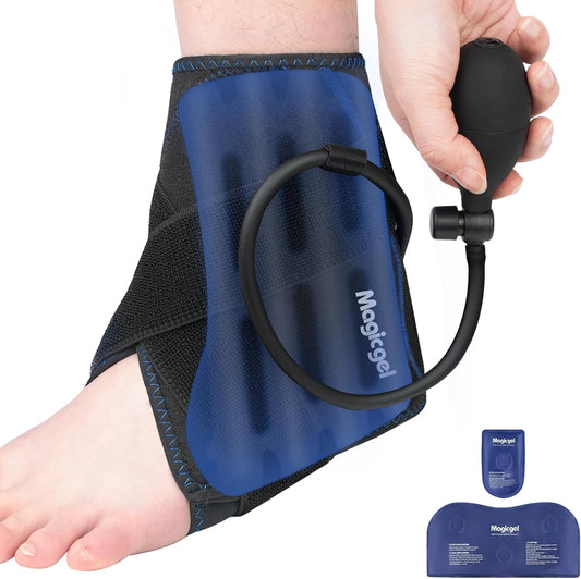 Magic Gel Compression Ankle Ice Pack Wrap – Ice Pack for Ankle Sprain, Swelling, Heel Pain & Achilles Tendonitis – Cold Therapy Wrap for Ankle, Heel & Foot with Air Pump Compression, 2 Extra Gel Packs