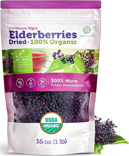USDA Organic Dried Elderberries 1lb, Whole Black Elderberry Bulk