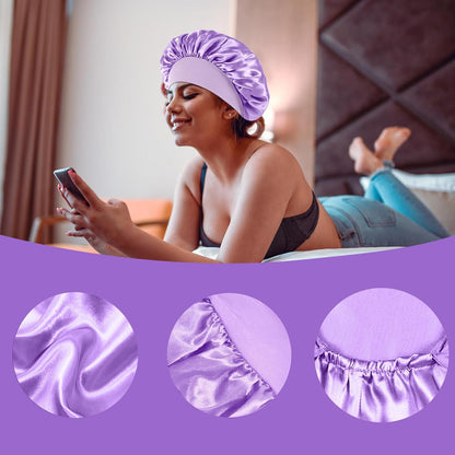 4PCS Silk Satin Bonnets for Black Women & Men - Elastic Wide Band Hair Wrap Cap for Curly Hair - Shower Cap for Sleeping (Black, Peacock Blue, Pink, Khaki)