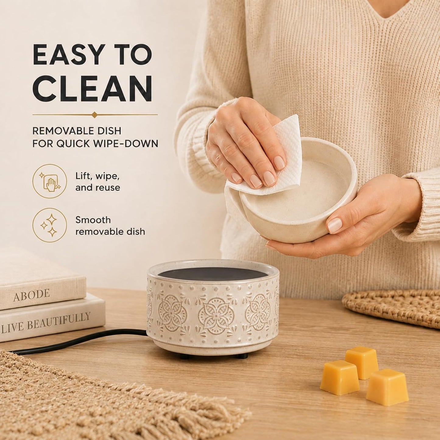 mocosa Ceramic Wax Melt Warmer, 3-in-1 Electric Wax Warmer for Scented Wax Melts, Flameless Candle Wax Burner for Home Fragrance, Bedroom Bathroom Office Decor, Gifts for Women Mom(Beige-Granular)