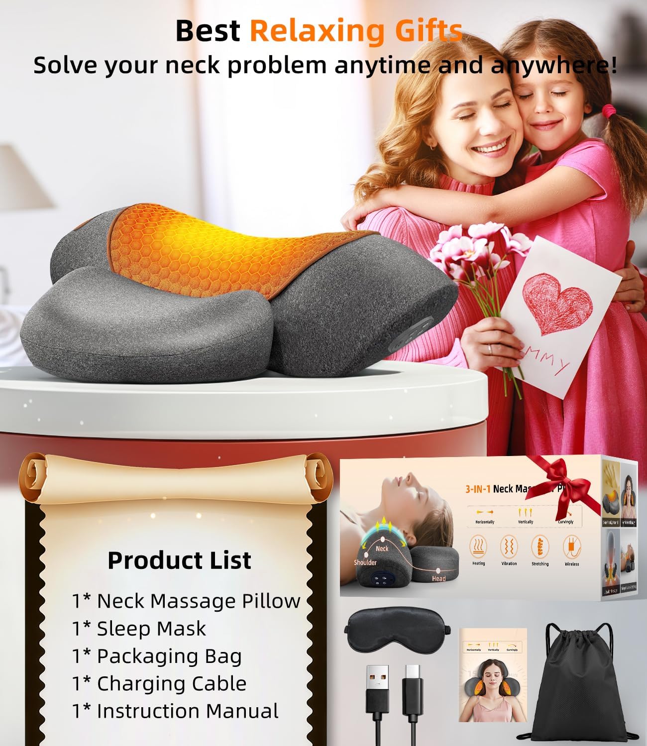 Upalled Cordless Heated Neck Massager Pillow for Pain Relief Deep Tissue, 3-in-1 Rechargeable Neck Cervical Traction Device with Heat, Massage, Electric Stretch, Ergonomic Shoulder Relaxer,Grey