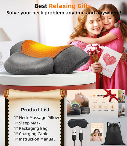 Upalled Cordless Heated Neck Massager Pillow for Pain Relief Deep Tissue, 3-in-1 Rechargeable Neck Cervical Traction Device with Heat, Massage, Electric Stretch, Ergonomic Shoulder Relaxer,Grey