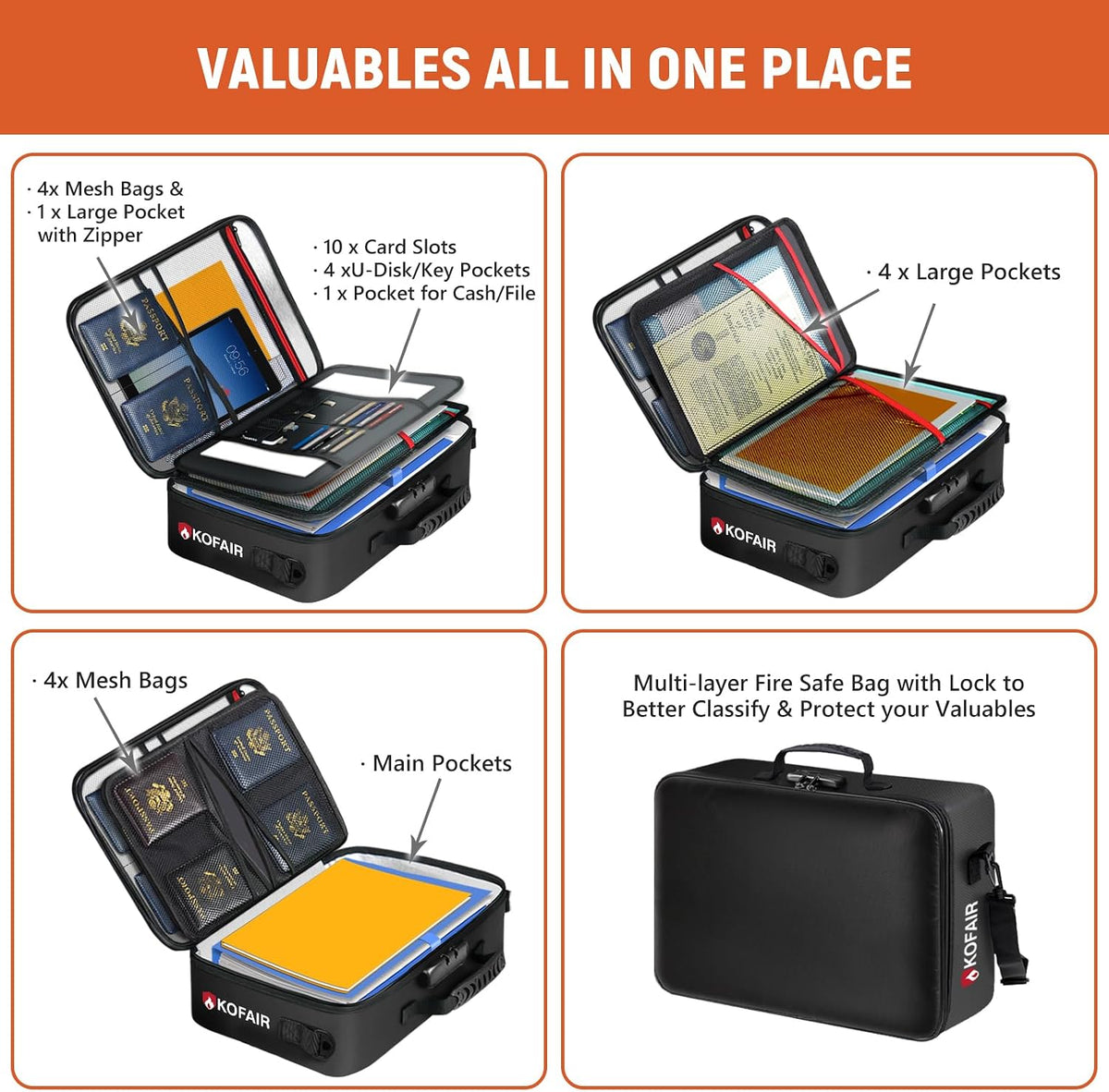 KOFAIR Fireproof Document Bag (16 x 11 x 5 inch) with Lock & Reflective Strip, Fireproof Document Lock Box with Shoulder Strap, Multi-Layer Important Document Safe Storage, Fire Safe File Organizer