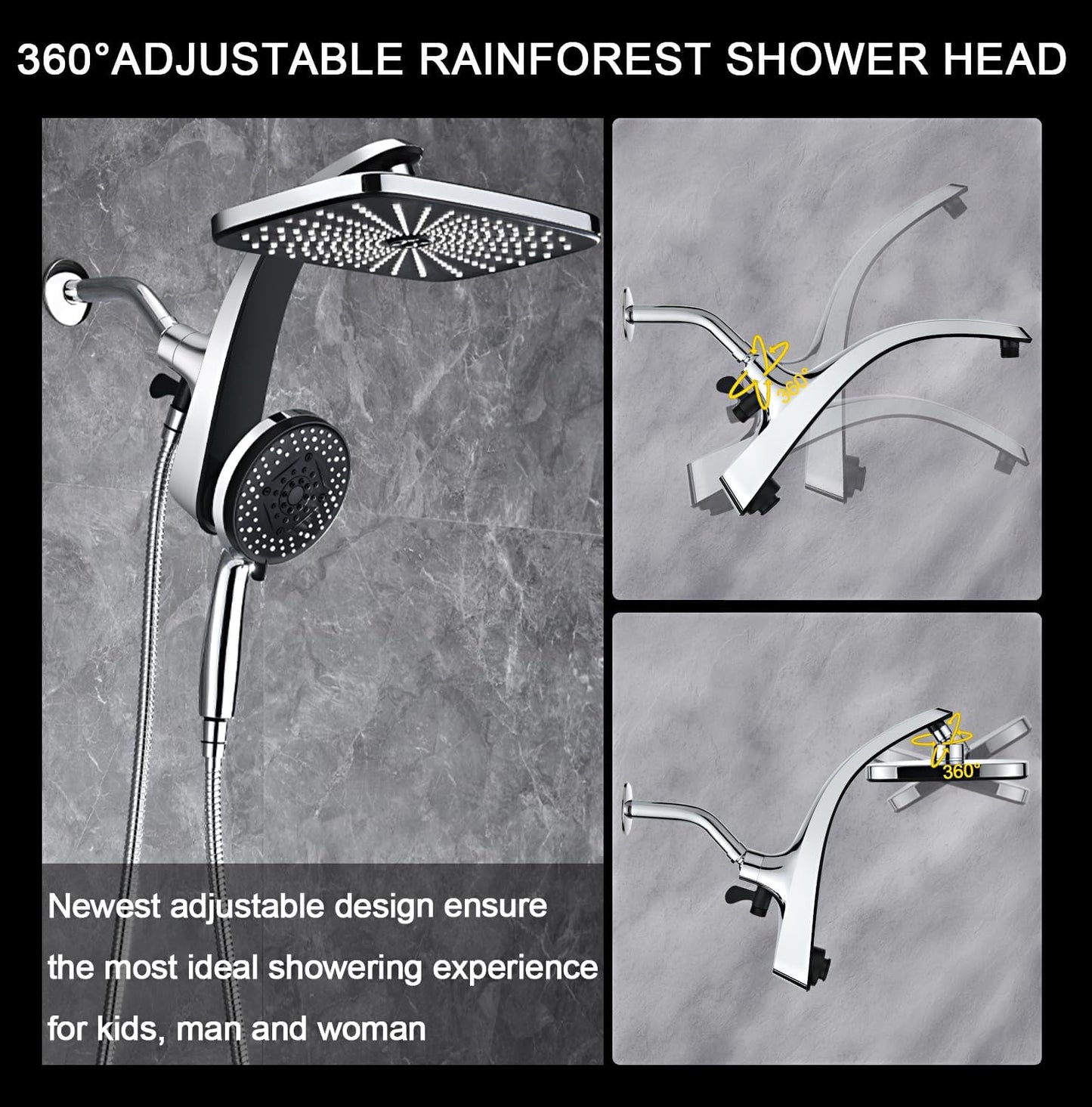 BOZYBO Rain Shower Head with Handheld: High Pressure Shower Heads with Handheld Spray Combo, 12" Rainfall Shower Head and 9 Sprays Hand Showerheads with Magnetic Docking and Power Jets, Black 1.75GPM