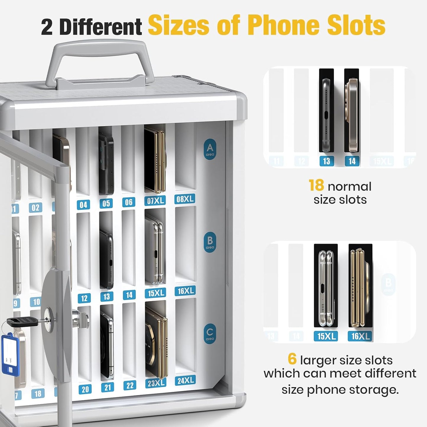 Glosen 24 Slots Cell Phone Locker, Portable Phone Storage Cabinet [Wall Mounted] [Aluminum Alloy] Cellphone Lock Box with Key & Handle for School Classroom Office Exam (Black)