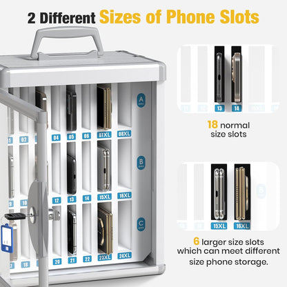 Glosen 24 Slots Cell Phone Locker, Portable Phone Storage Cabinet [Wall Mounted] [Aluminum Alloy] Cellphone Lock Box with Key & Handle for School Classroom Office Exam (Black)