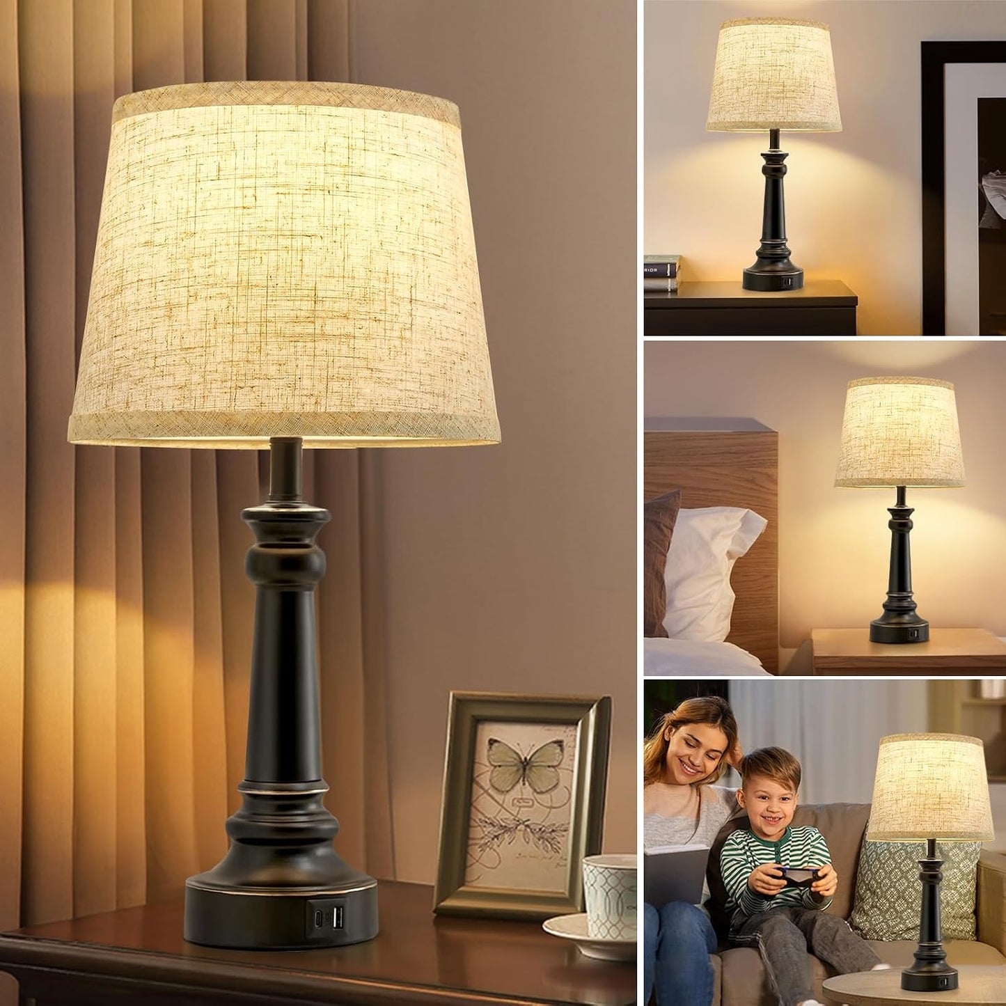 EJIAXIN Lamps for Bedrooms Set of 2, Brushed Nickel Bedside Lamps with USB C+A Ports,Dimmable Nightstand Lamps with Fabric Lampshade, Touch Table Lamp for Living Room Bedroom Office, Bulbs Included