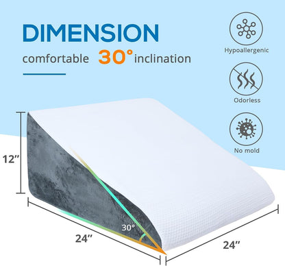 Sasttie Wedge Pillow 24x24x12 inch, Memory Foam Bed Wedge, Cool Grey