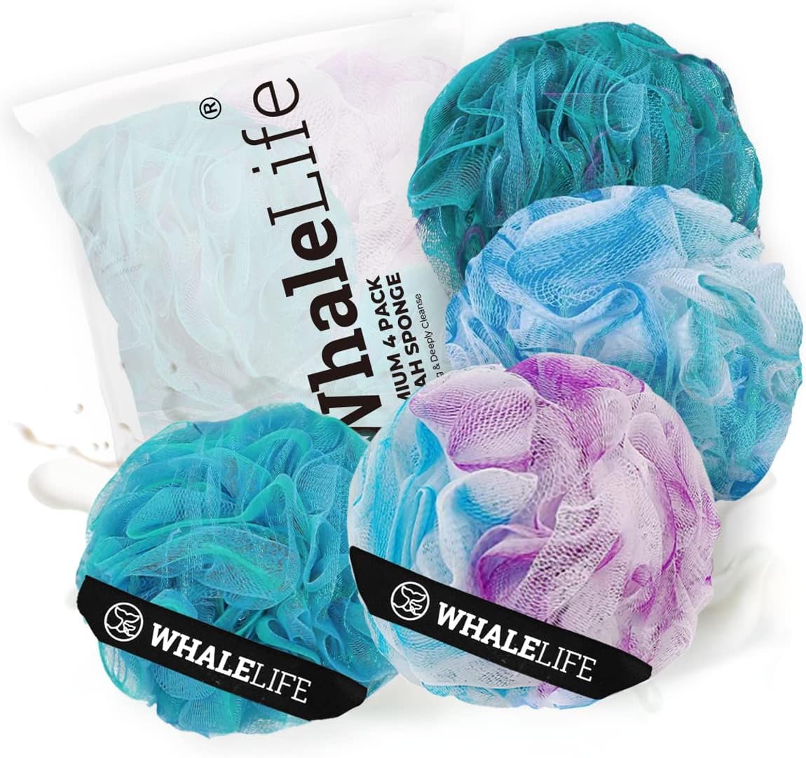 WhaleLife Loofah Bath Sponges - Black Gentle Exfoliating Shower Loofah for Rich Lather, Durable Mesh Body Scrubber for Men & Women 4 Pack