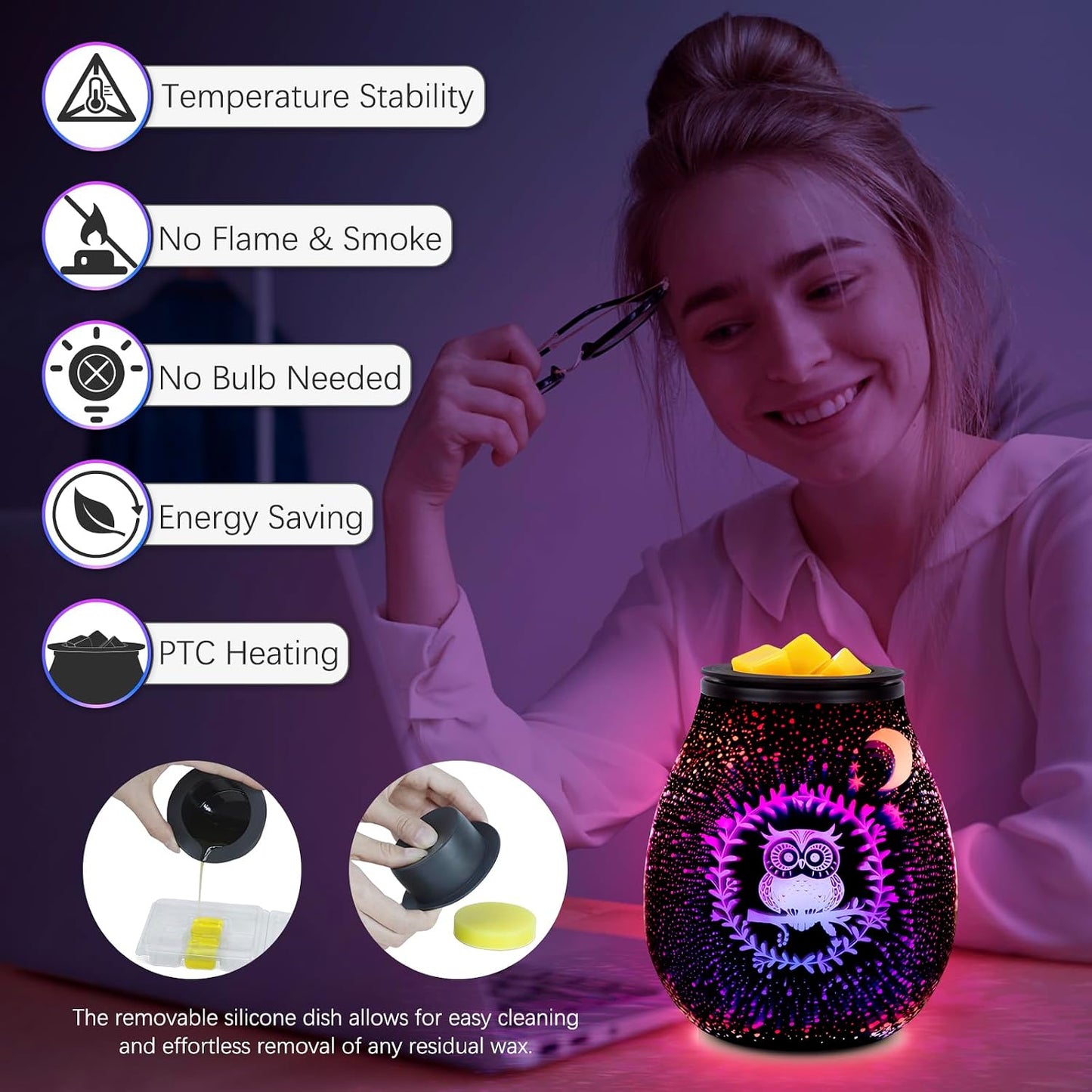 Wax Melt Warmer for Scented Wax- Glass Wax Melter for Home Fragrance with Removable Tray, Essential Oil Warmer Wax Cubes Burner Aroma Night Light for Home Office Bedroom Decor Gifts for Women