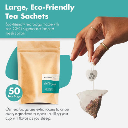 Big Heart Tea Co. Tea Bags - Edith Grey - Direct Trade Malawi Caffeinated Black Tea in Zero Plastic Sachets with Small Batch Organic Whole Herbs - Red Rose, Bergamot Oil, 50 Tea Bags