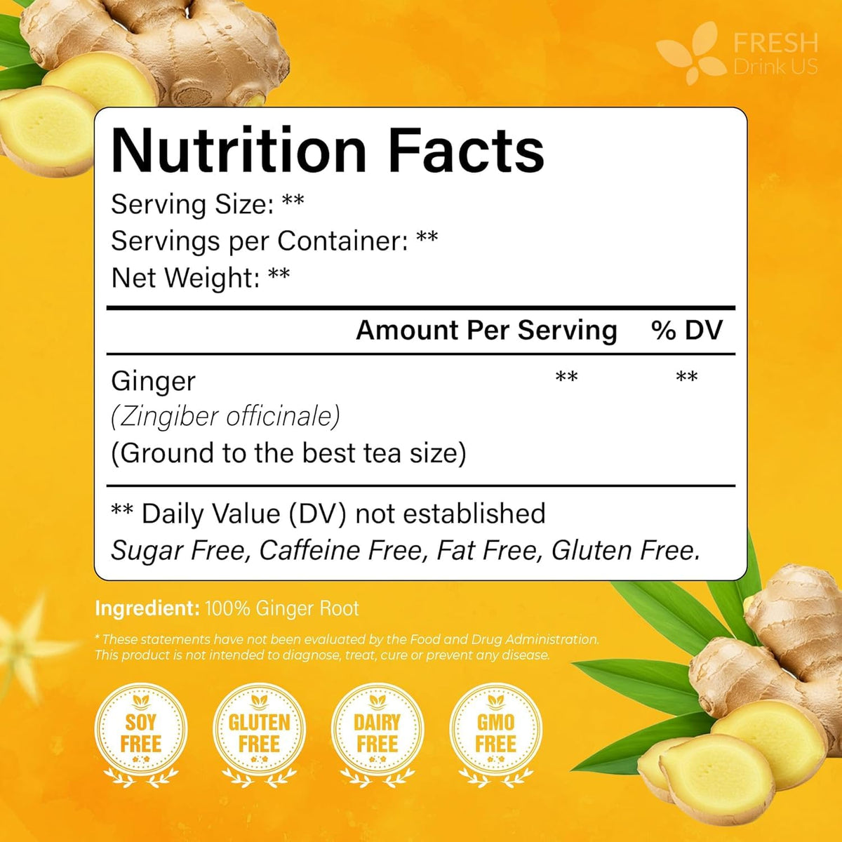 FreshDrinkUS, Premium Ginger Root Tea Bag, 150 Count, Pure, Caffeine Free