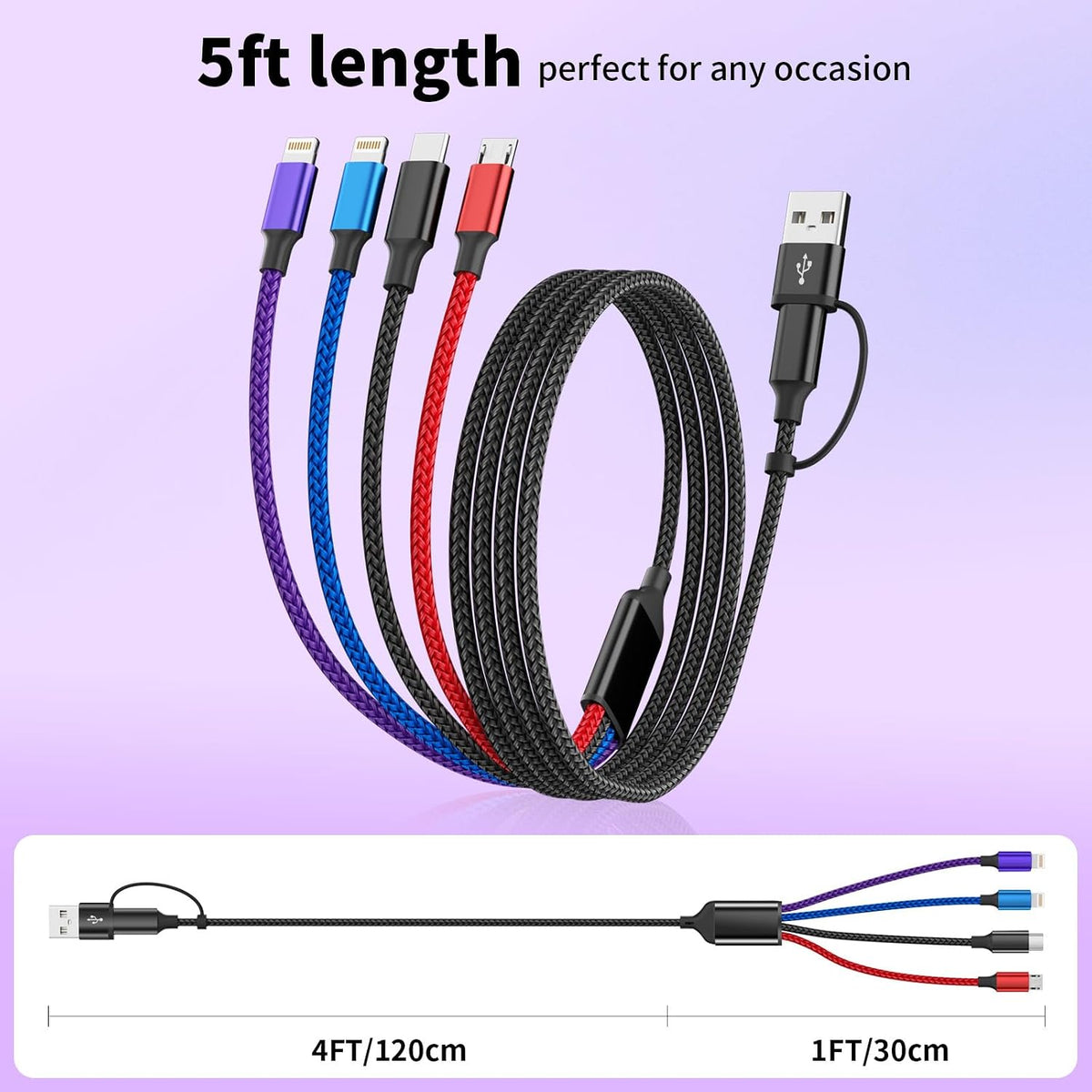 4 in 1 Multi Charging Cable, 5FT Charging Cords for Multiple Devices