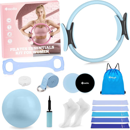 Hoedia Pilates Kit for Women, Pilates Equipment Ring and Ball Set with Resistance Bands, Yoga Strap, Core Sliders, Socks, Bag & Guide for Starter Home Workout Fitness Gym Essentials