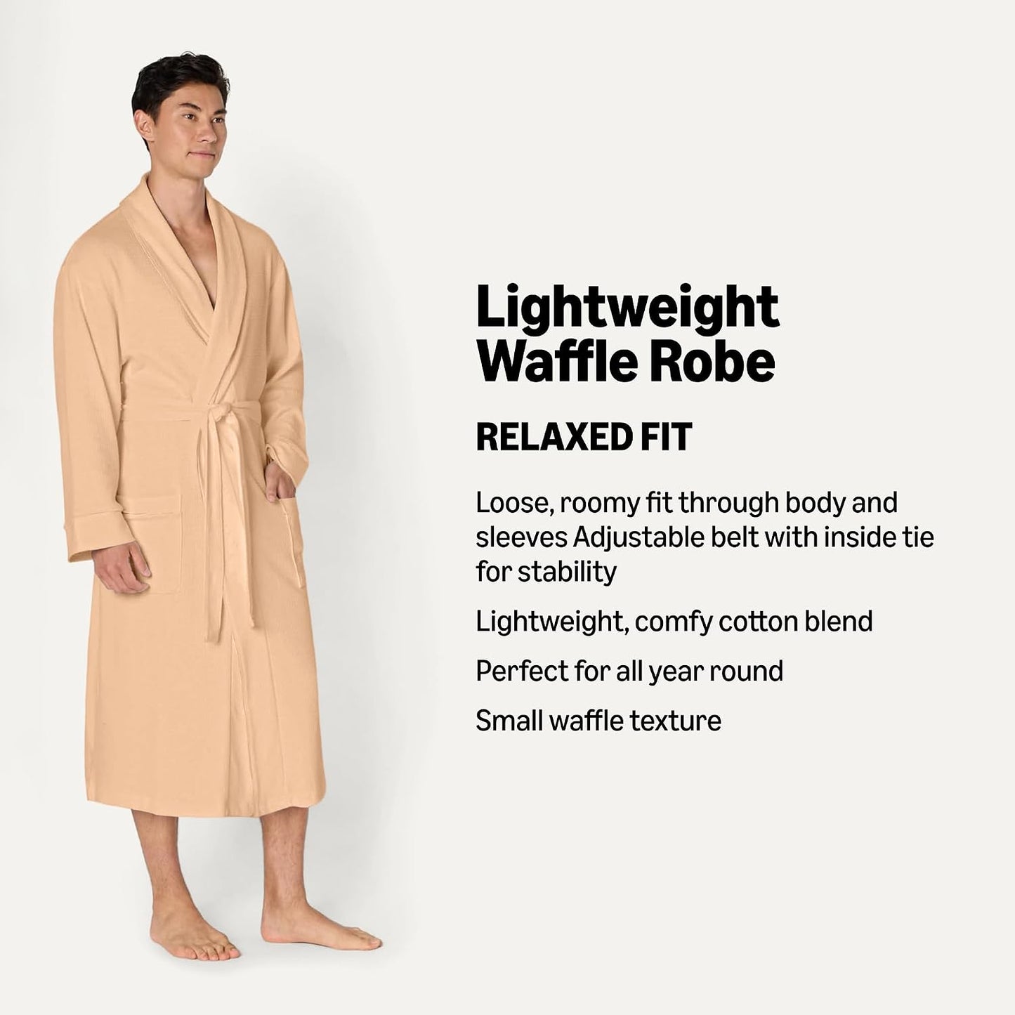 Amazon Essentials Men's Lightweight Cotton Waffle Bath Robe, Mid-Length Loungewear (Available in Big & Tall)