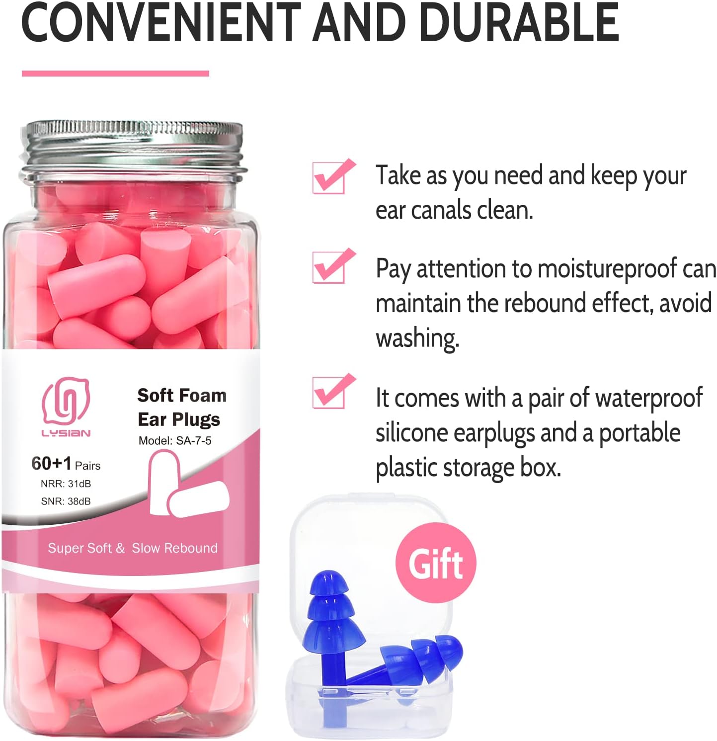 LYSIAN Ultra Soft Foam Earplugs for Sleeping, 38dB SNR Noise Reduction Ear Plugs for Snoring, Shooting, Study, Work and Travel, 60 Pairs, Purple