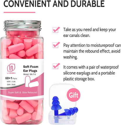 LYSIAN Ultra Soft Foam Earplugs for Sleeping, 38dB SNR Noise Reduction Ear Plugs for Snoring, Shooting, Study, Work and Travel, 60 Pairs, Purple
