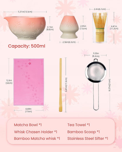 ZENS Matcha Whisk Set, Matcha Kit Set, Matcha Bowl with Spout, Bamboo Whisk & Scoop, Chasen Holder, 304 Sifter & Tea Mat, 6pcs Japaness Matcha Kit for Matcha Lovers, Birthday Gift, Pale Green