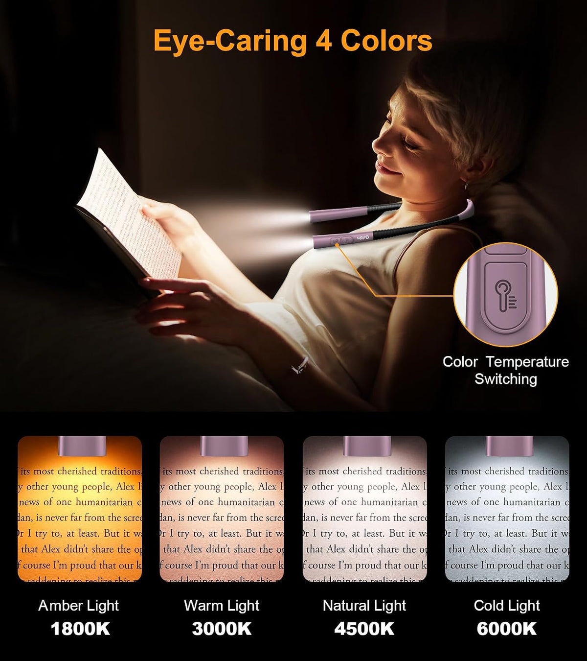 Gritin Book Light,Eye Caring 3 Colors & Stepless Dimming Neck Reading Light